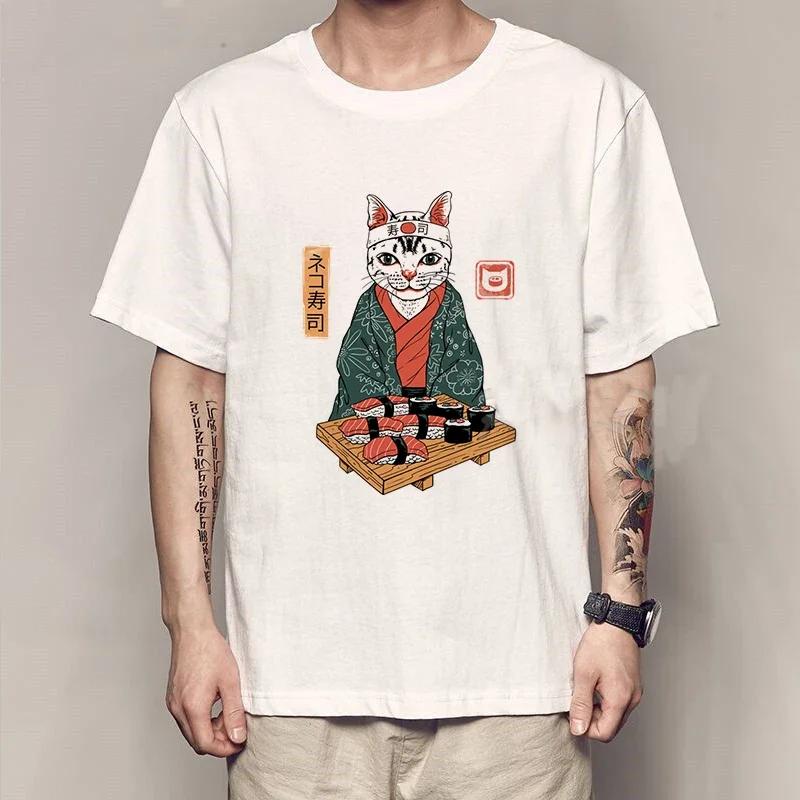 Новая модная летняя мужская футболка, повседневная футболка с коротким рукавом и принтом самурая и кота, аниме-футболка для мужчин и женщин, японские топы Neko Sushi Wave