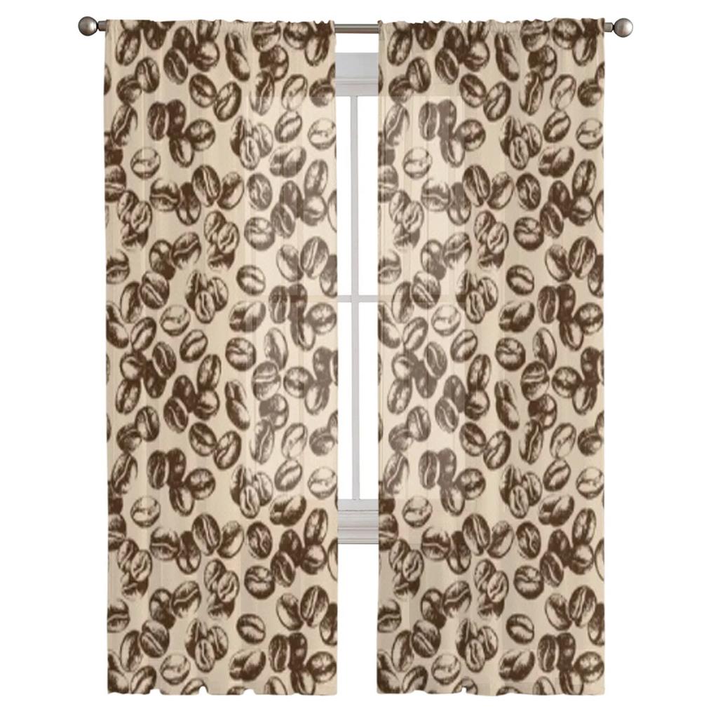 Sketch Vintage Coffee Beans Tulle Curtains For Living Room Sheer Curtain Bedroom Veil Organza Decorative Window Treatments