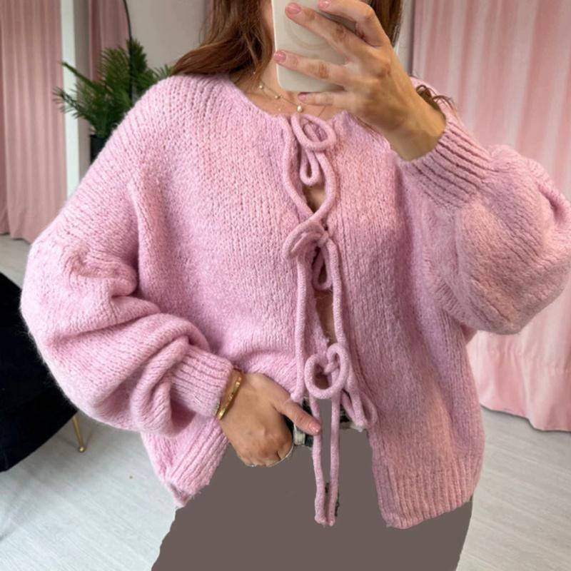 Women's Classic Tie-Front Knit Cardigan - Solid Color Round Neck Sweater Casual Pullover