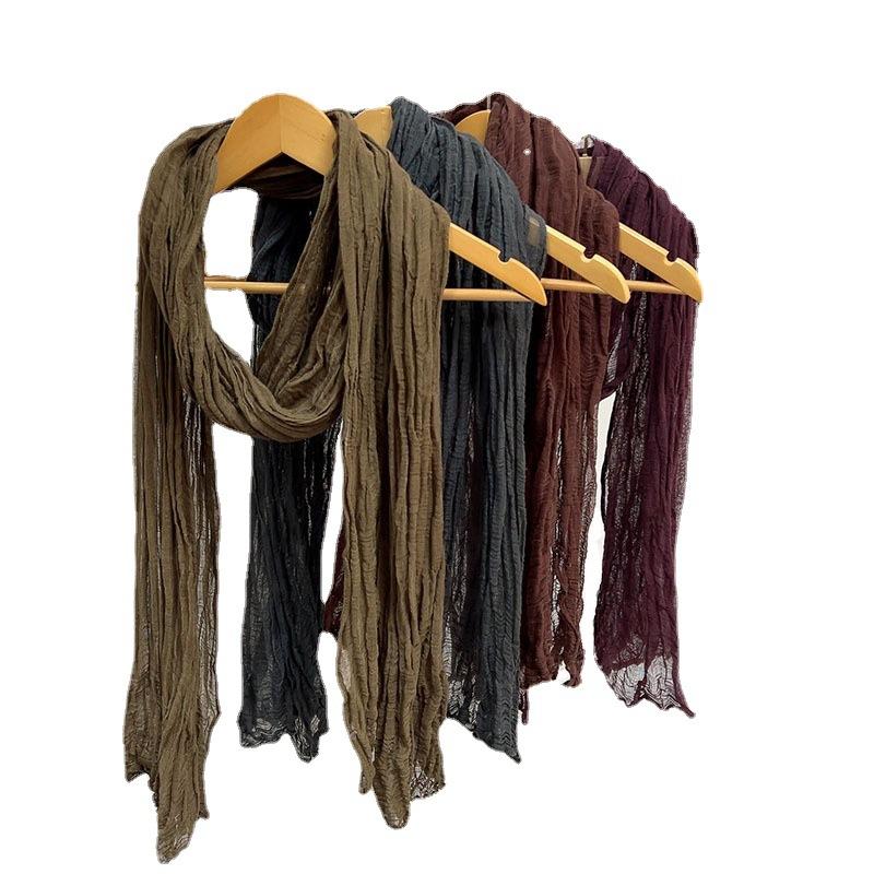 Spring And Summer Thin Cotton And Linen Scarf Slender Narrow Shawl Natural Texture Pleated Silk Scarf Versatile Retro Multi-Color