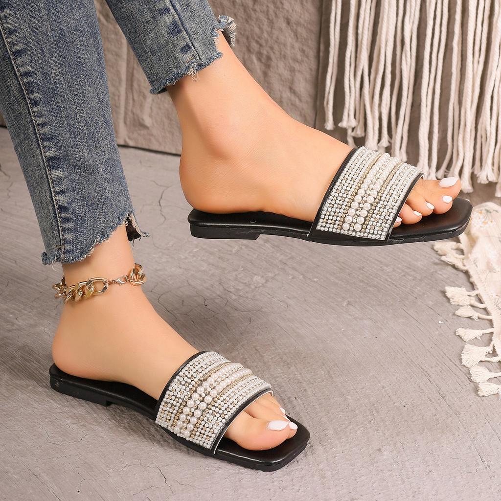 Fashion Women Luxury Pearl Slippers 2025 Summer Square Toe Flats Slides Sandals Woman Comfortable Non Slip Beach Flip Flops Big Size 43