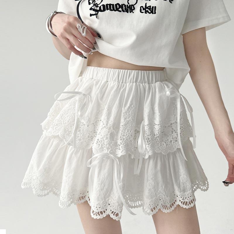 Белая кружевная юбка для женщин, весна-лето, милая мини-юбка трапециевидной формы с милым бантом и эластичной резинкой на талии, тонкая женская одежда в стиле Лолиты Y2K