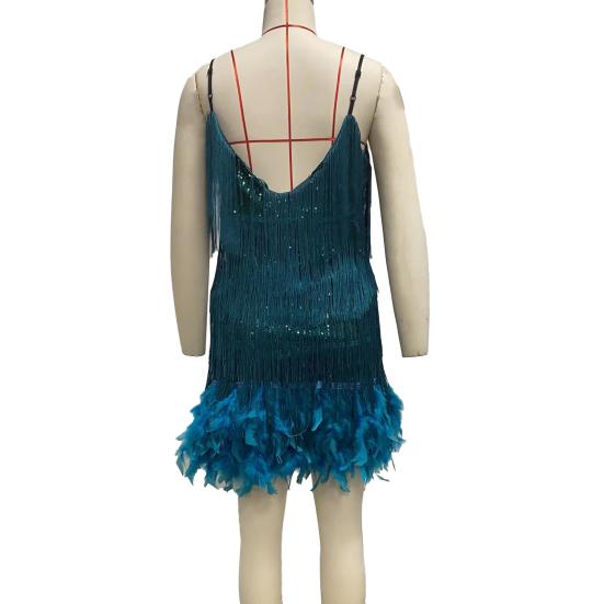 Women Dress Tassel Sequin V Neck Sleeveless Backless Feather Decor Loose Rumba Cha-cha Dance Costume Mini Club Party Dress