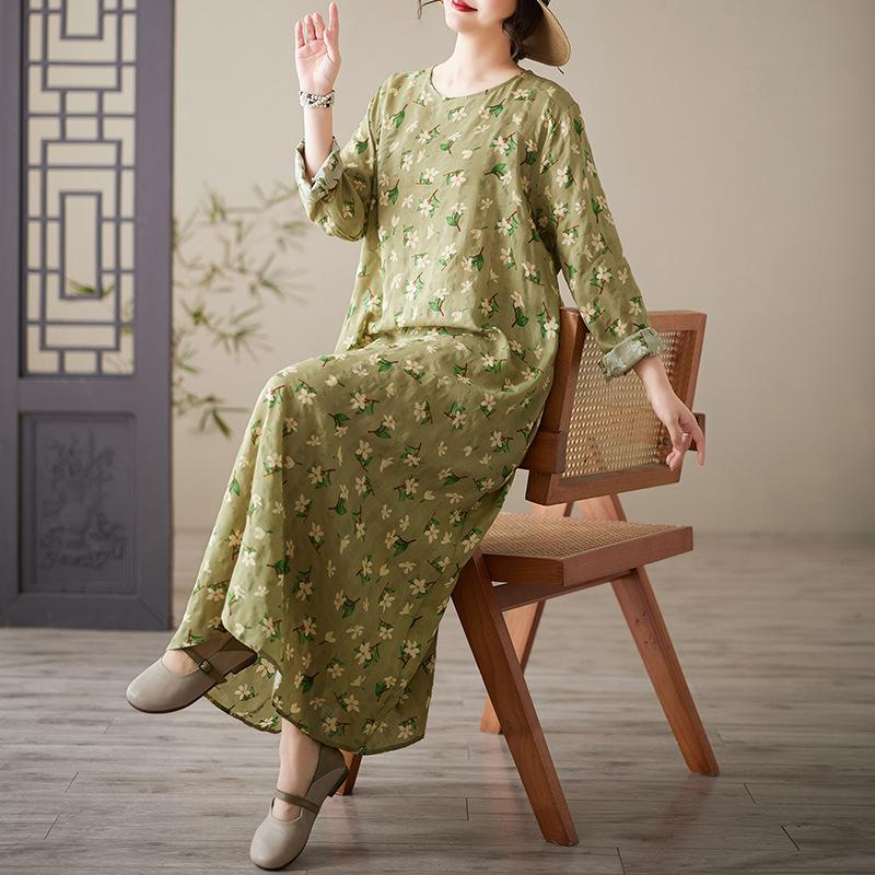 Весеннее литературное платье больших размеров с принтом, круглым вырезом, длинными рукавами, повседневное платье для женщин, вечерние платья