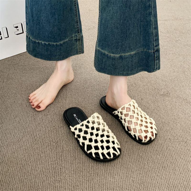 Дышащая сумка с плоским дном, повседневные прохладные шлепанцы, женские, новые, популярные, плетеные, полые, прохладные шлепанцы, женские, летняя верхняя одежда