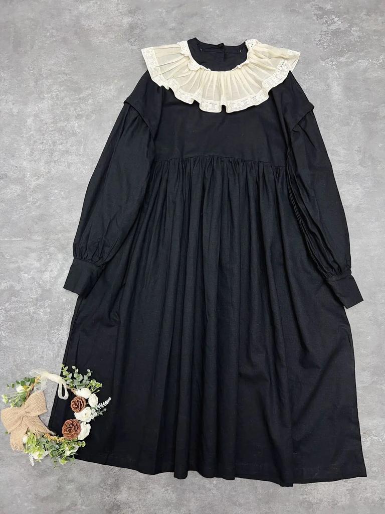 Johnature Японское женское хлопковое платье Mori с рюшами и воротником, винтажное повседневное свободное платье с длинными рукавами и простыми карманами, весеннее платье