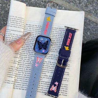 Джинсовый ремешок с вышивкой бабочки для Apple Watch 10-го поколения Apple Watch Applewatch9876Se Ремешок