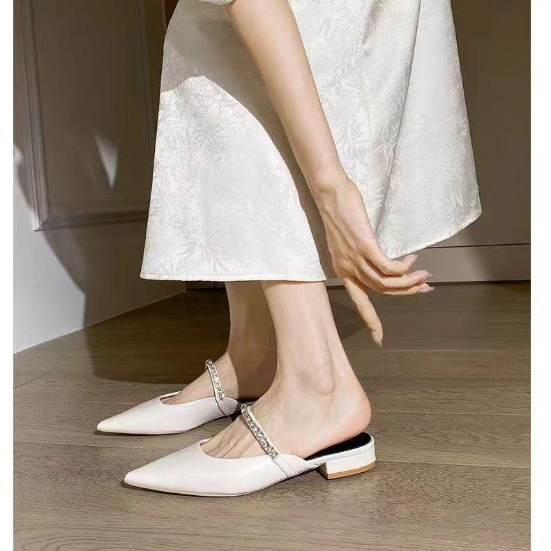 One Word with Rhinestone Sandals Low Heel Pointed Tip Flat Bottom Cool Slippers Silver Bag Head Half Slippers Women's 2025 Spring and Summer New