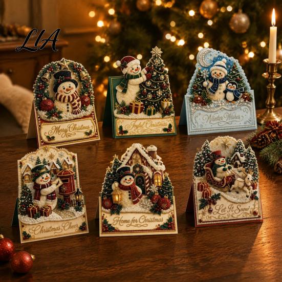 Faux Pearl Art Christmas Card Kit DIY Kit, 3D Pop-Up Snowman Crafting Kits for Adults Santa Elk Wreath Card, Handmade Xmas Family And Friends