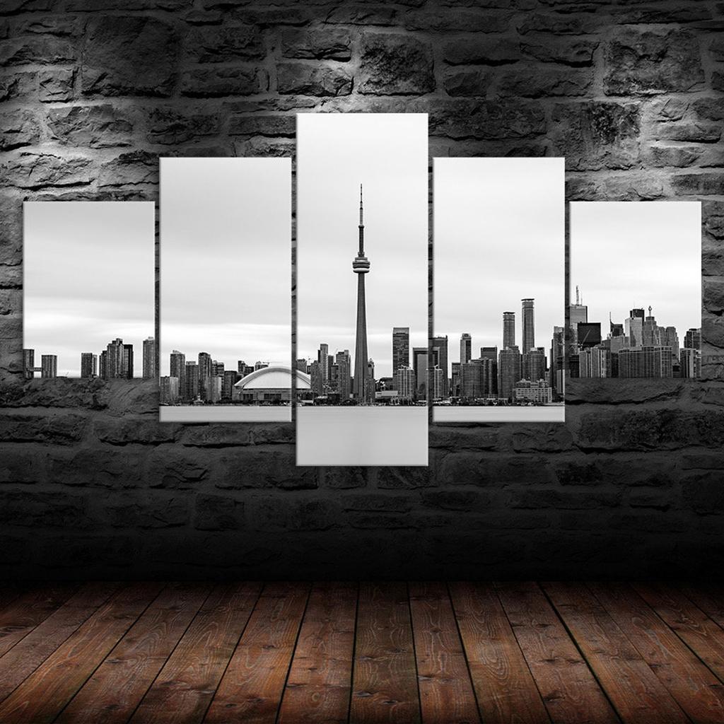 Toronto City Skyline Canada Black White Picture Scenery 5 Piece Five Panel Wall Canvas Print Modern Art Poster Home Decor Gift For Him Her
