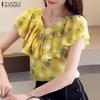 Женские летние блузки с V-образным вырезом и коротким рукавом с цветочным принтом и оборками