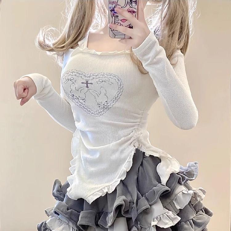 Эстетическая клубная одежда 2000-х годов, женская одежда с открытыми плечами, шикарные футболки с вырезом и принтом, весна-лето, японская футболка Y2k