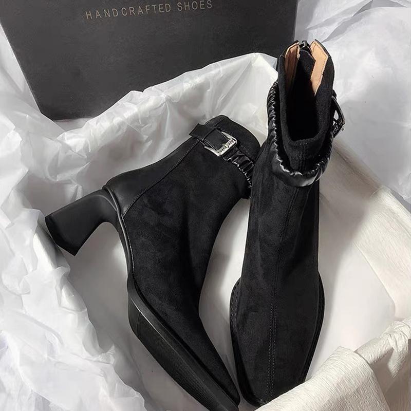 Женские зимние ботильоны на высоком каблуке, замшевые туфли с острым носком, массивные дизайнерские ботинки челси, тренд 2024 года, зимние готические ботинки Botas De Mujer