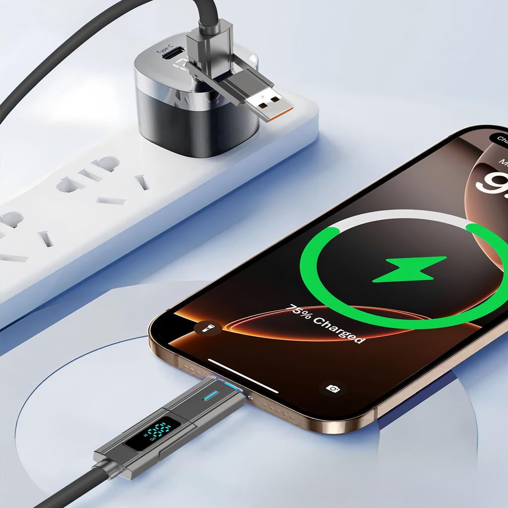 Цифровой дисплей 4 в 1 PD USB Type-C Кабель для передачи данных Быстрая зарядка Для iPhone 15 Samsung Xiaomi Redmi OPPO Кабель Быстрое зарядное устройство