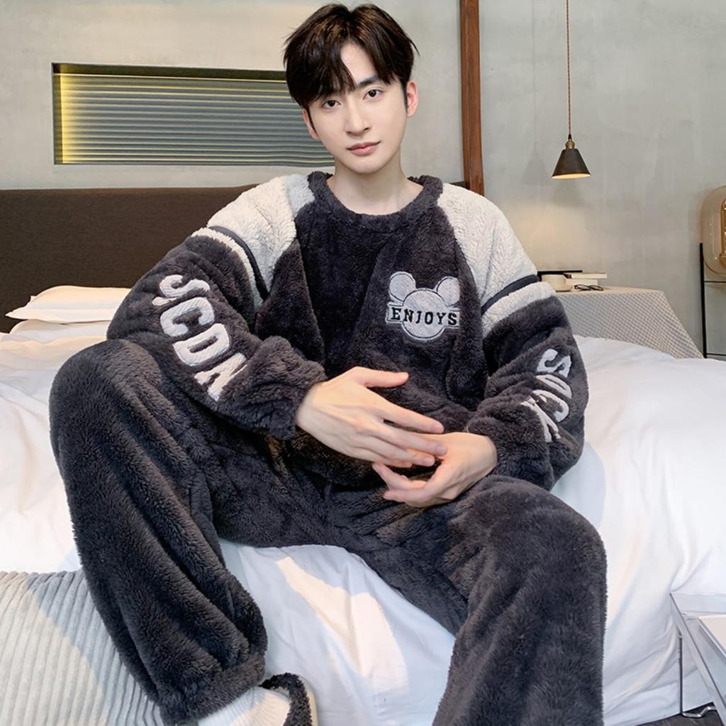 Зимняя одежда, коралловый флис, пижамы, мужская одежда, утепленный флис, круглый вырез, брюки с длинными рукавами, костюмы, домашняя одежда