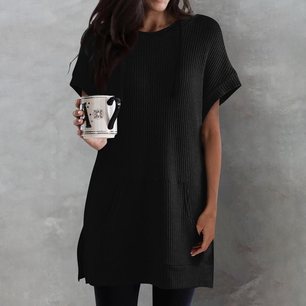 Женские однотонные свободные рубашки, толстовки с короткими рукавами и шнурком, вязаная туника с боковыми разрезами, топы с капюшоном и карманом