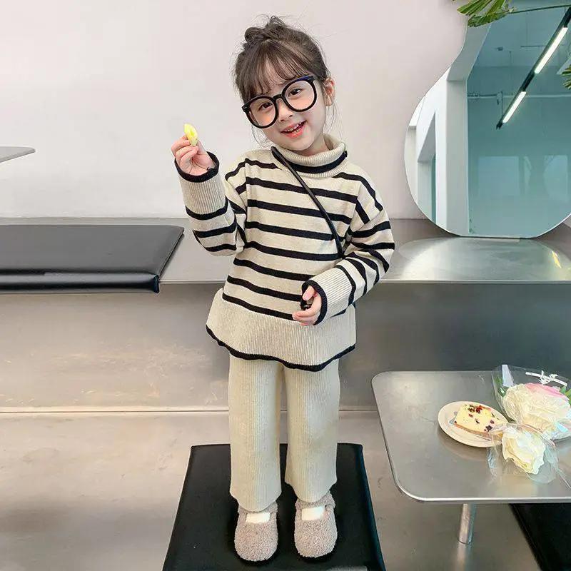 Комплект одежды для девочек осень-зима, свитер с высоким воротом, детский однотонный трикотажный свитер с длинными рукавами, свитер, штаны, комплект из двух предметов