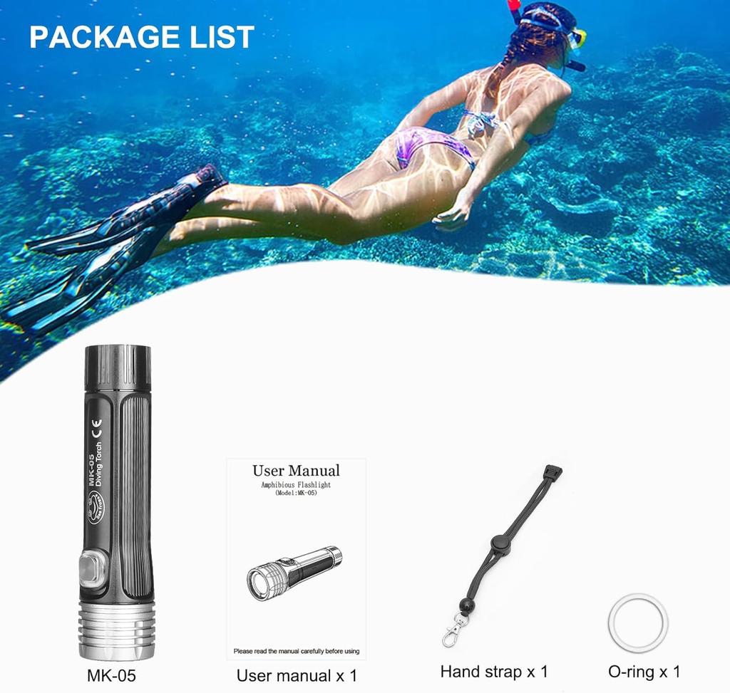 Diving Light LED Flashlight Waterproof 2000 Lumens IPX8 3 Modes Underwater Light Diving Light Handy Light Disaster Prevention Supplies Spearfishing