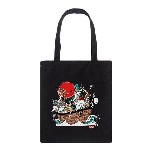 Многоразовая сумка для покупок с милым принтом «Толстый Тоторо», женские сумки-тоут с принтом, эко-сумка, мультяшная покупательница, винтажные черные холщовые сумки на плечо