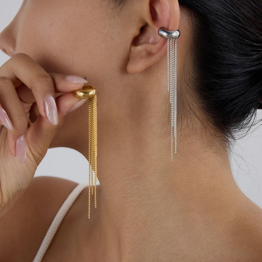 Корейский минимализм Позолоченная нержавеющая сталь 18K Длинные серьги-клипсы с кисточками для женщин Модный пирсинг-обманка Ear Cuff Ювелирное изделие Подарок