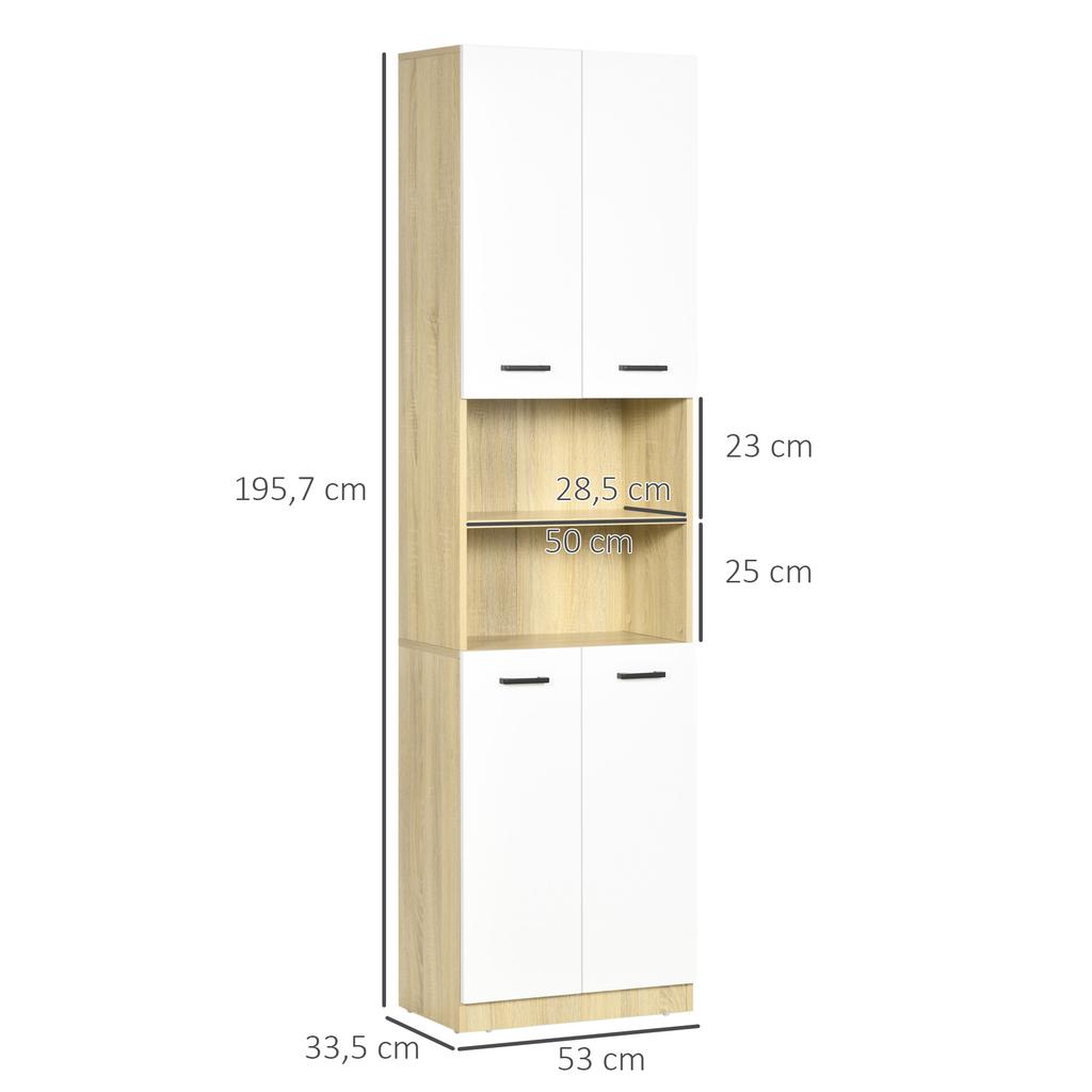 Bathroom Tall Cabinet With 4 Doors 2 Open Shelves And Adjustable Shelves 53x33.5x195.7 Cm White And Oak