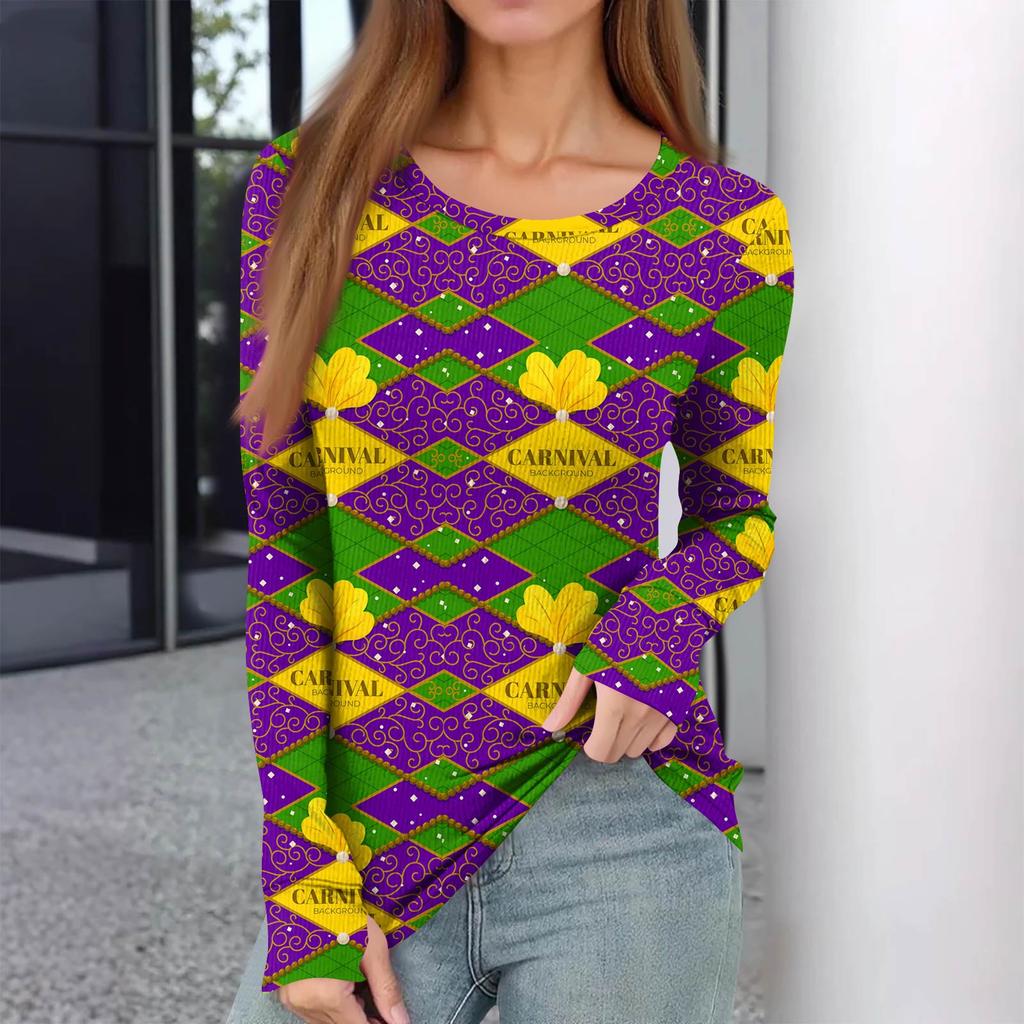 Женская зимняя приталенная футболка Модная повседневная с принтом, с круглым вырезом, пуловер, топ с длинным рукавом