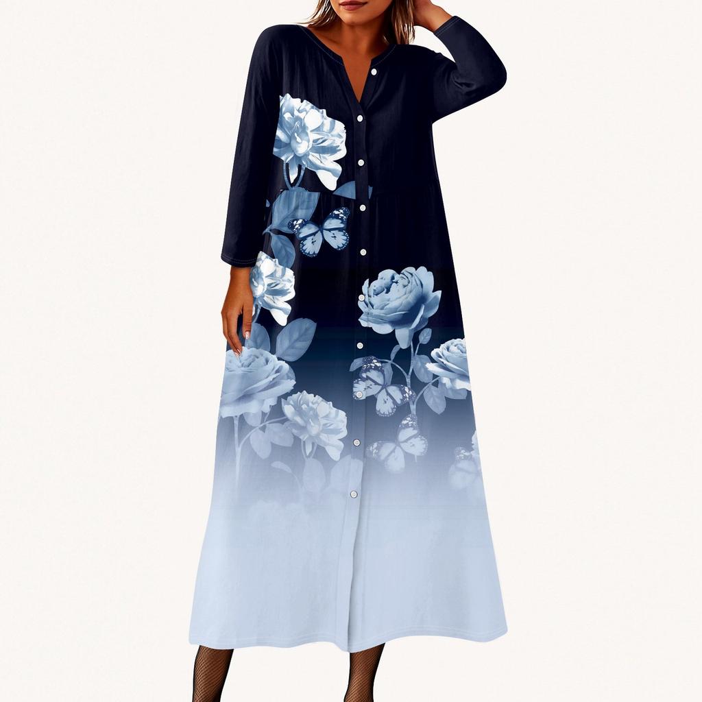 Женское модное платье-рубашка свободного кроя с принтом, круглым вырезом и рукавами семь четвертей на пуговицах