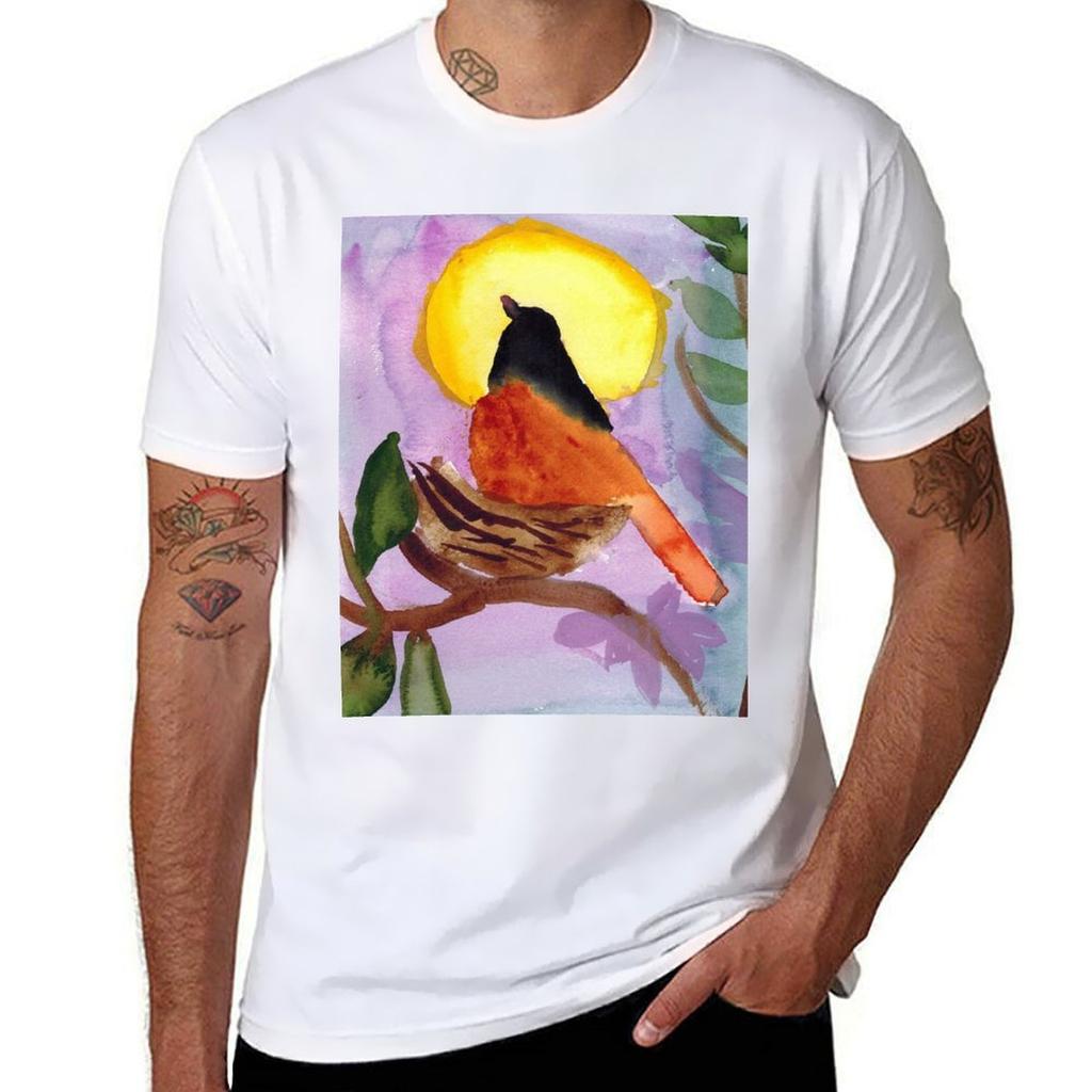 A Bird Sitting On Nest Against The Sunset Tshirt Large Size Casual Short Sleeve Top