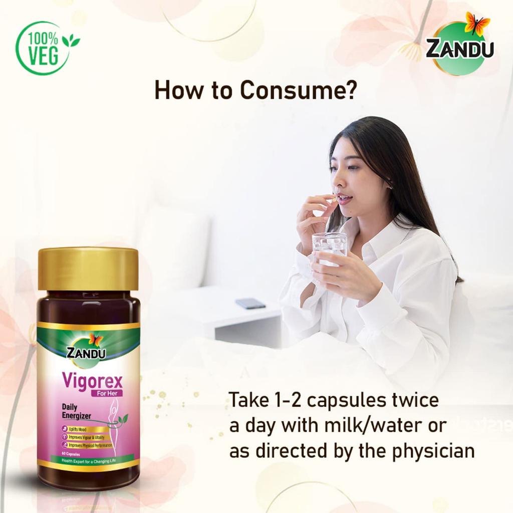 Zandu Vigorex For Her Daily Energizer Pack of 60 Capsules | Natural Energy & Vitality Booster for Women