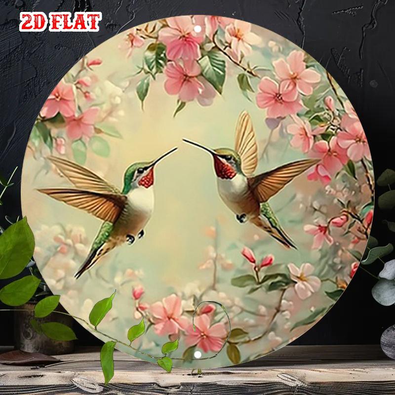 D Flat pc Vintage Rustic Metal Round Wall Art Sign Hummingbird Blossoms Garden Decor Aluminum Suitable for Home Garag