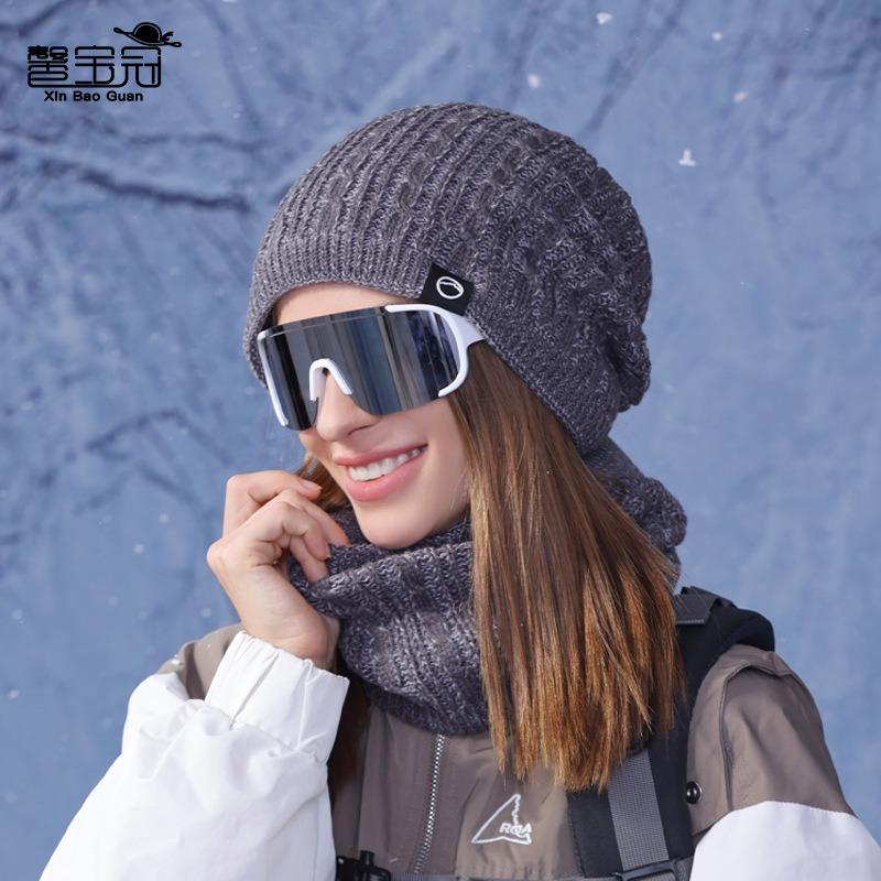 Winter Outdoor Warm Hat Scarf Two-piece Set Fleece Ear Protector Pullover Hat Women's Cold-proof Knitted Wool Hat