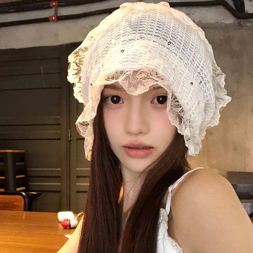 Breathable Beanies Hat Y2k Lace Skullies Hat Korean Fashion Beret Cap Women Girls
