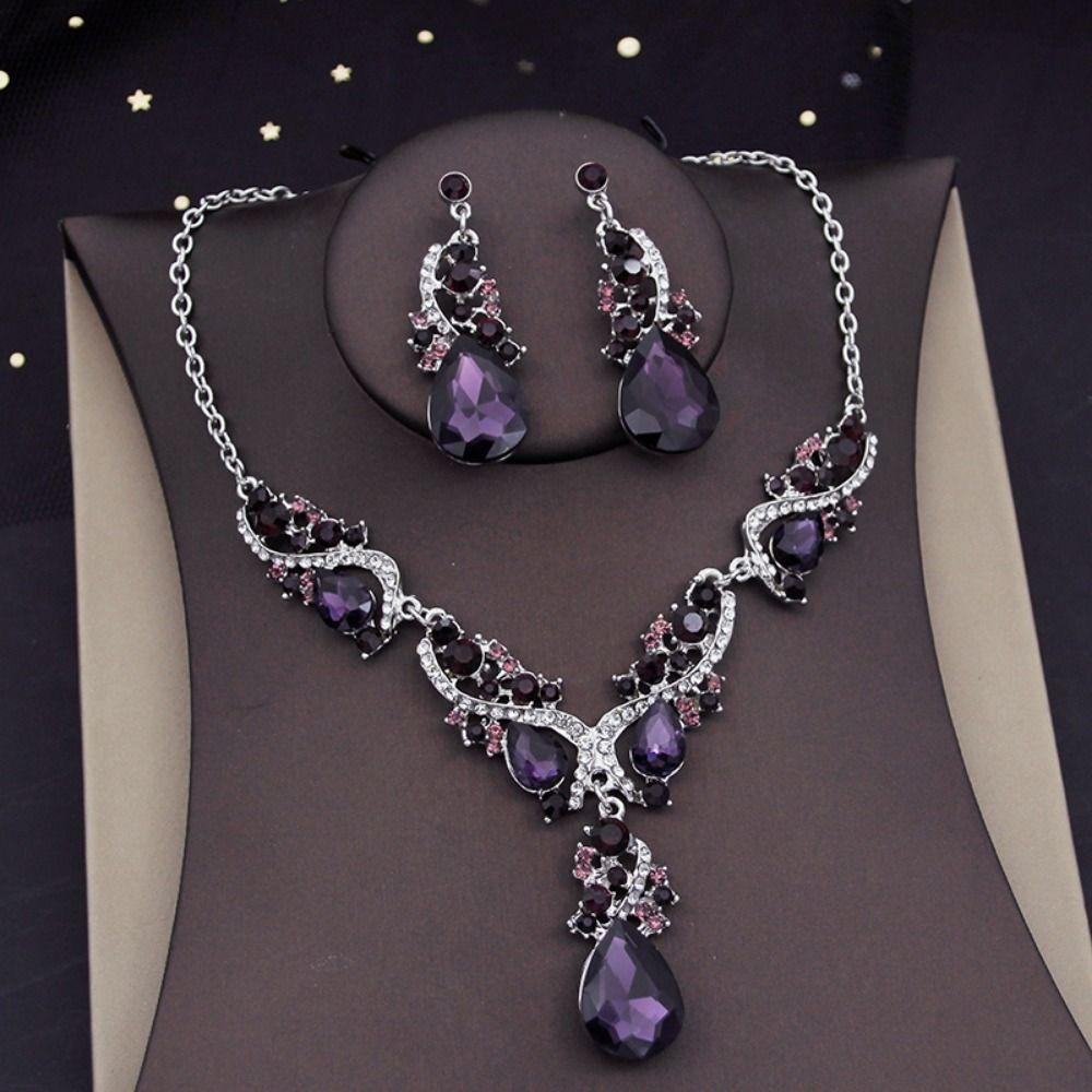 Exaggerated Rhinestone Jewelry Set Crystal Women's Necklace Water Drop Necklace Earrings Set  Women
