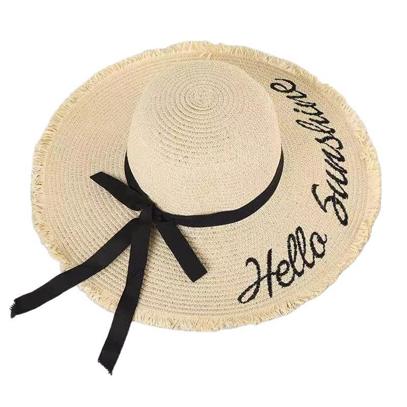 French letter embroidered burr straw hat women's summer brim UV protection seaside beach vacation sun protection hat