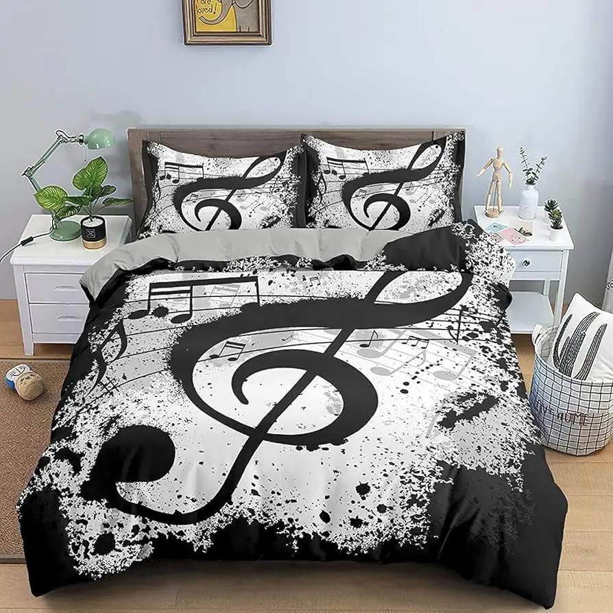 Music Notes Duvet Cover for Boys,Girls Room Decor Rock Music Themed Comforter Cover Musical Pattern Bedding Set Full Queen Size