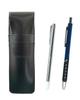 Тонкий пенал из воловьей кожи черного цвета с металлическим индикатором и шариковой ручкой металлического цвета синего цвета ASB-701S-SI2067BP-L