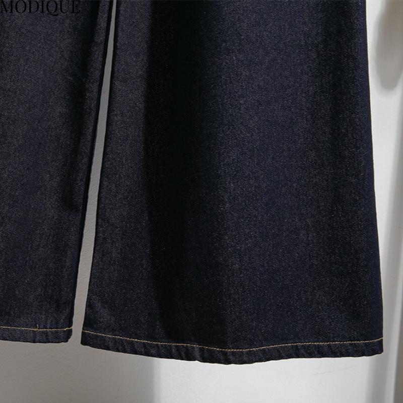MODIQUE 2025 New Plus Size Summer Women's Loose Casual Straight Wide Leg Mopping Pants Ladies Elastic Solid Color Blue Denim Long Jeans