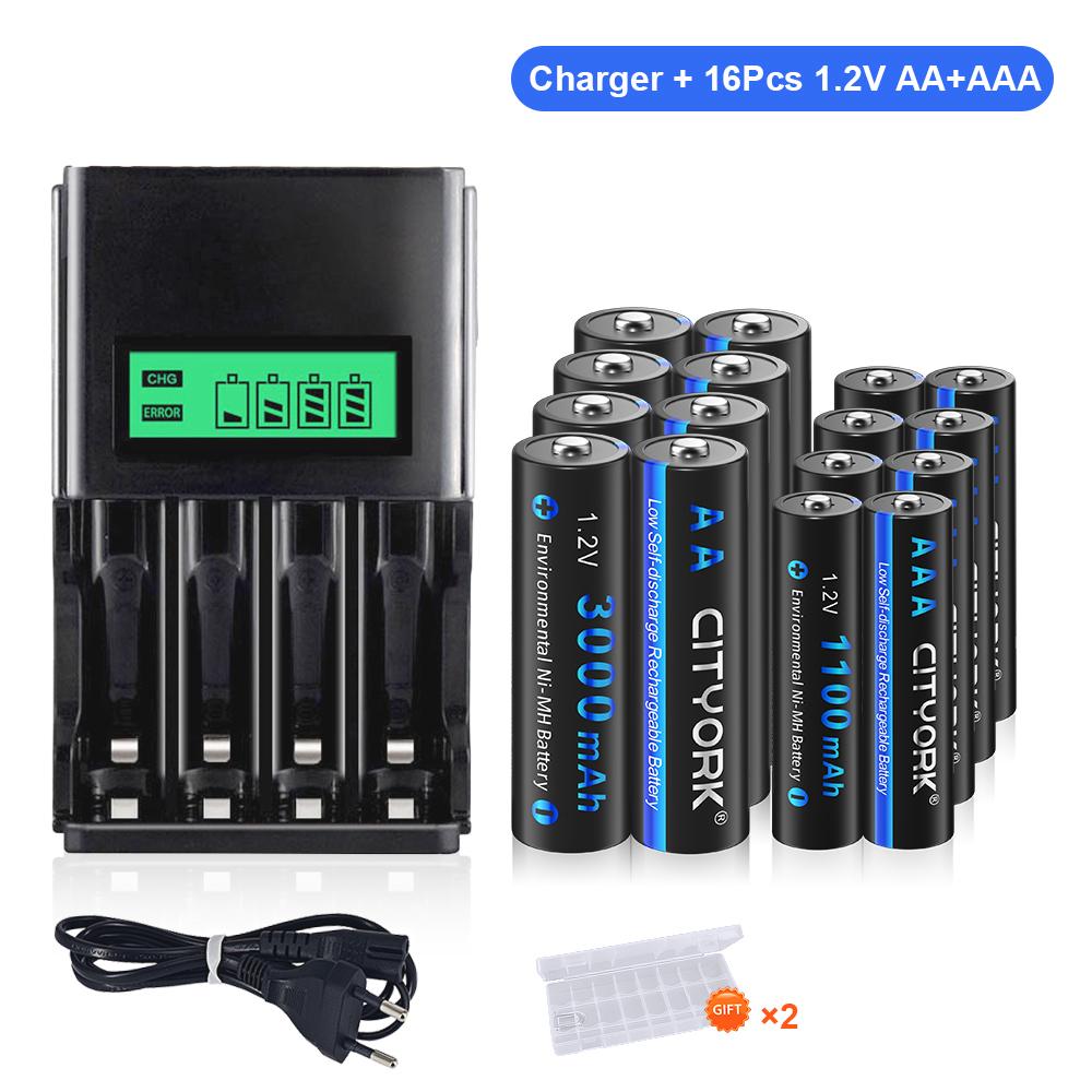 Cityork Перезаряжаемая батарея AA 1,2 В + аккумуляторная батарея AAA 1,2 В + USB-зарядное устройство с ЖК-дисплеем для 1,2 В AA AAA nimh NI-MH батареи