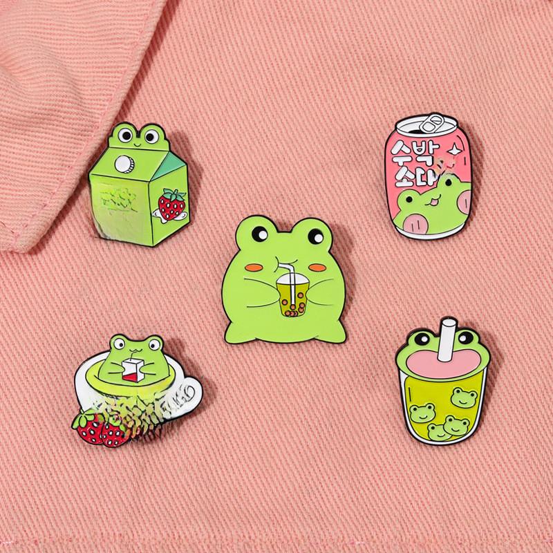 Adorable Cartoon Frog Milk Tea Cute Animal Brooch Alloy Pin For Everyone Stylish Accessory