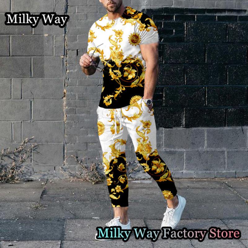 Роскошный мужской спортивный костюм с принтом цепочки, летний комплект из 2 предметов, футболка и брюки, винтажный спортивный костюм, мужская модная одежда, ретро наряд