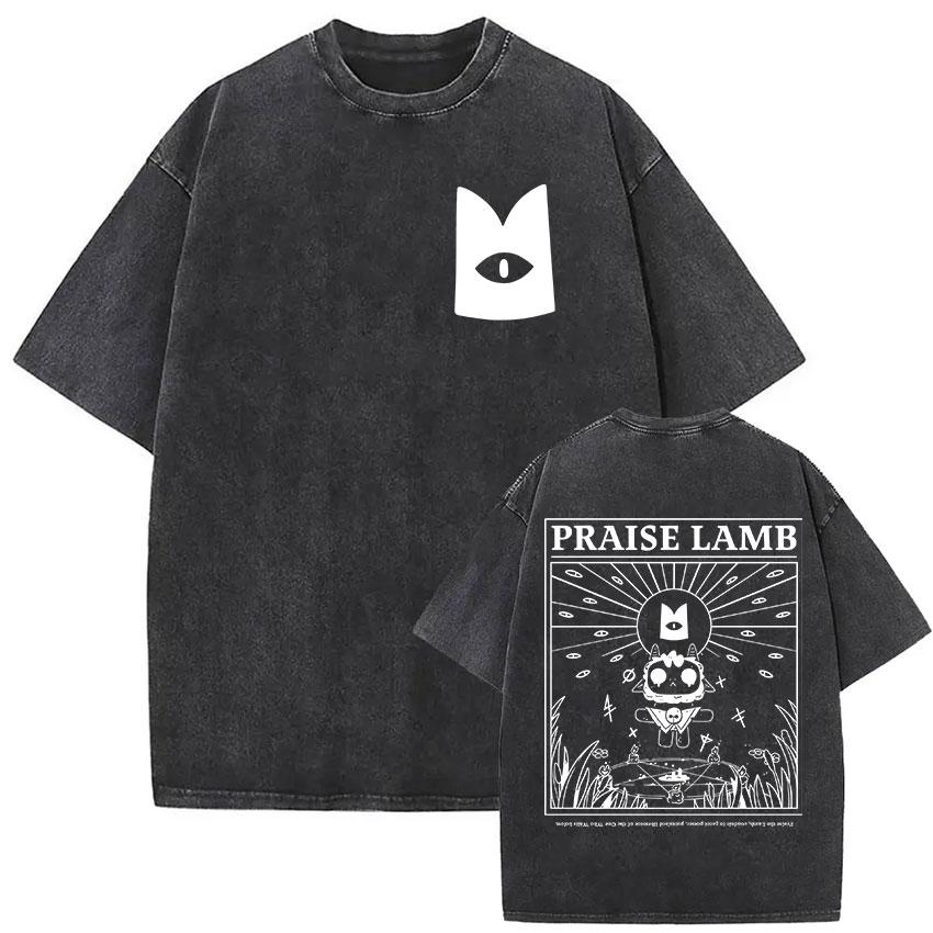 Vintage Washed Cult of The Lamb Game Fans Print T Shirts Men Women Casual Fashion 100 Cotton Short Sleeve Tshirt Tops Clothing