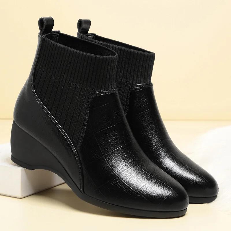 5 см Модные Удобные Туфли на Среднем Каблуке и Платформе Ботильоны Осень Зима 2025 Мягкая Кожа Гибкие Эластичные Носки-Ботинки Офис Мама