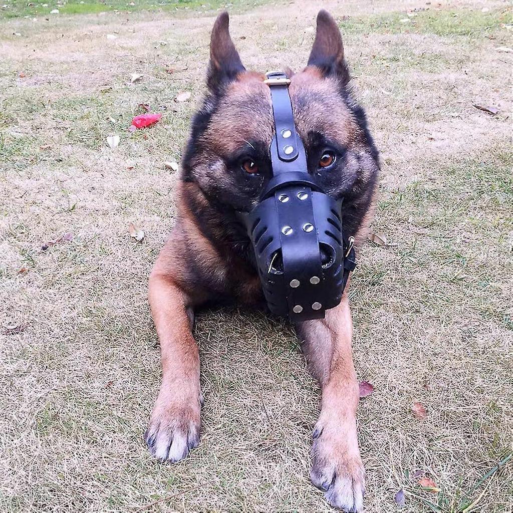 Dog Muzzle Adjustable Comfortable Faux Leather Basket for Chewing Safety In Large Medium Dogs Black less