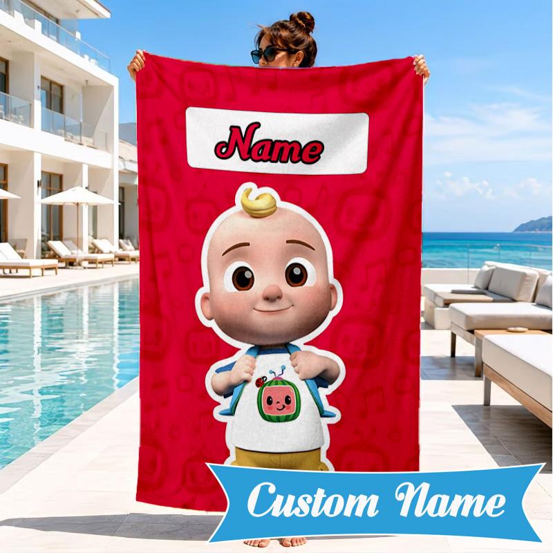 Custom Name Coco-melon Adventure Beach Towel Microfiber Beach Towel, Lightweight and Quick-Dry, for Summer Travel, Swimming Pool Gift