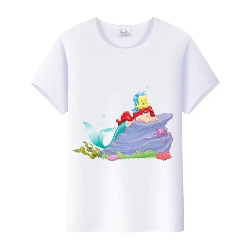 Kawaii Disney Cartoon Mermaid Princess Graphics Girl T-shirts Summer Top Y2K Goth Short Sleeve Ladies Clothes Women Tshirts Gift