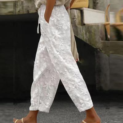Женские девятые брюки, кружевные однотонные шнурки, эластичная резинка на талии, свободные мягкие наклонные карманы, длина до щиколотки, женские брюки в повседневном стиле