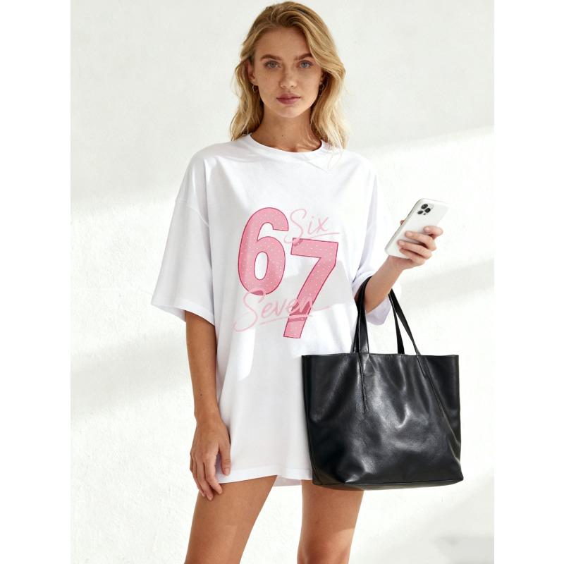 Oversized T-Shirt Black Six Seven Pink Glitter Number Print Casual Wear For Women Street Style Fashion Top Summer Outfit