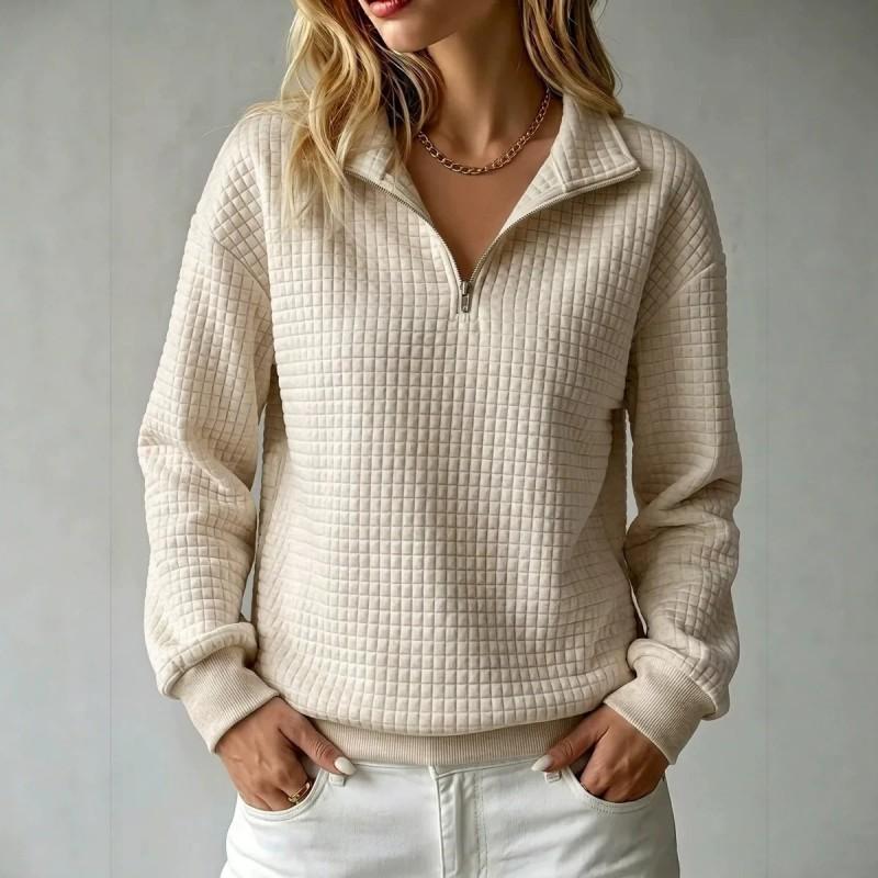 2026 Womens Waffle Knit Stand Collar Zip-Up Long Sleeve Pullover Hoodie Solid Color Casual Top