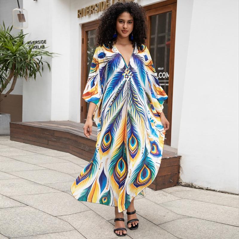 Женская мода весна осень цветные блоки принт длинный рукав V-образный вырез свободная талия повседневные платья