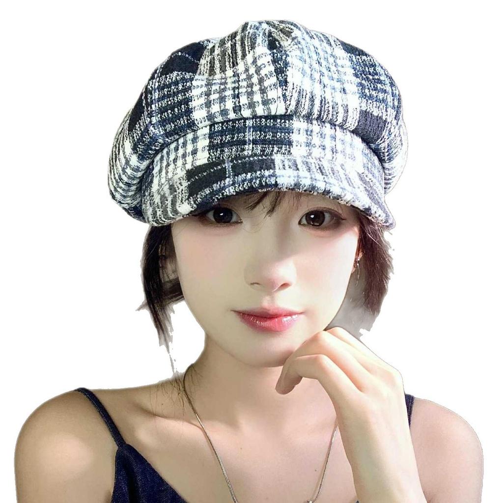 Autumn and Winter Retro British Style Hat Women's Plaid Face Showing Little Beret Warm Painter Hat Sweet Versatile Newspaper Hat